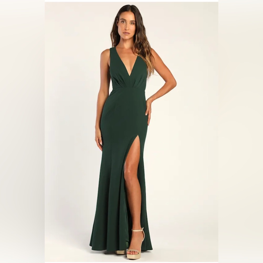 Lulus Emerald Green Formal Gown Plunge Neck High Slit Maxi Dress Size 4